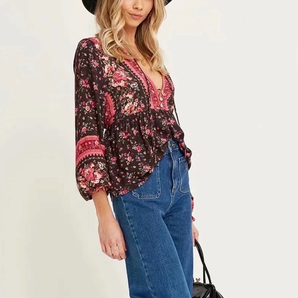 Black Floral Boho Gypsy Button Long Sleeve Blouse - Picture 2 of 6